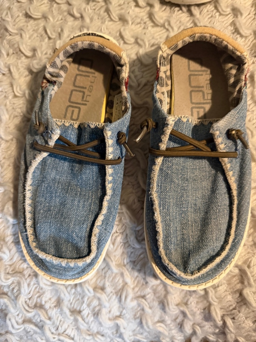 Hey Dude Kids Denim Slip-On Moccasins with Brown Laces